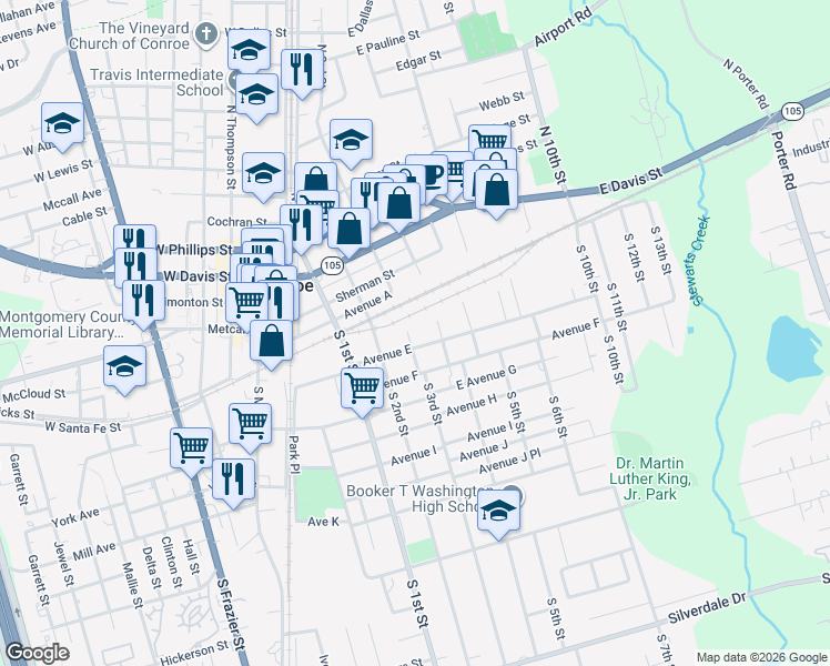 map of restaurants, bars, coffee shops, grocery stores, and more near 105 South 3rd Street in Conroe