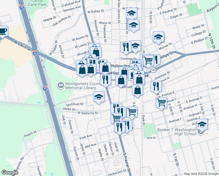 map of restaurants, bars, coffee shops, grocery stores, and more near 322 Collins Street in Conroe
