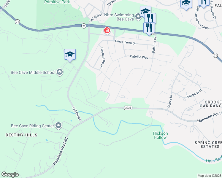 map of restaurants, bars, coffee shops, grocery stores, and more near 15712 Colinas Cove in Bee Cave