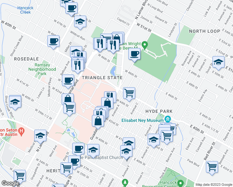 map of restaurants, bars, coffee shops, grocery stores, and more near 4411 Guadalupe Street in Austin