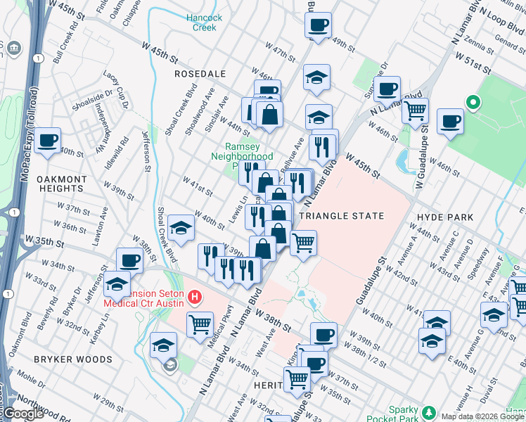 map of restaurants, bars, coffee shops, grocery stores, and more near in Austin