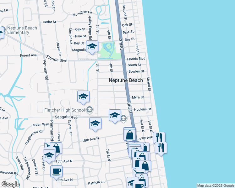 map of restaurants, bars, coffee shops, grocery stores, and more near 329 Oleander Street in Neptune Beach