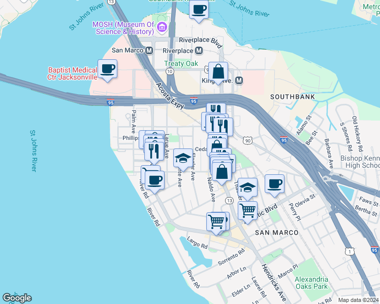 map of restaurants, bars, coffee shops, grocery stores, and more near 1305 Cedar Street in Jacksonville