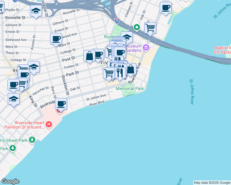 map of restaurants, bars, coffee shops, grocery stores, and more near 2054 Riverside Avenue in Jacksonville