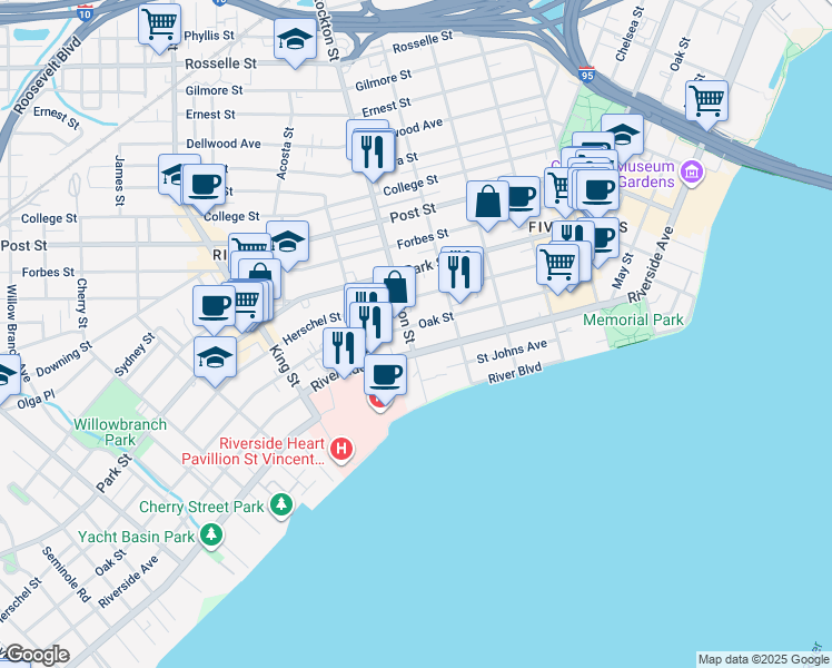 map of restaurants, bars, coffee shops, grocery stores, and more near 2338 Oak Street in Jacksonville