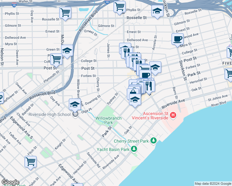 map of restaurants, bars, coffee shops, grocery stores, and more near 2798 Sydney Street in Jacksonville