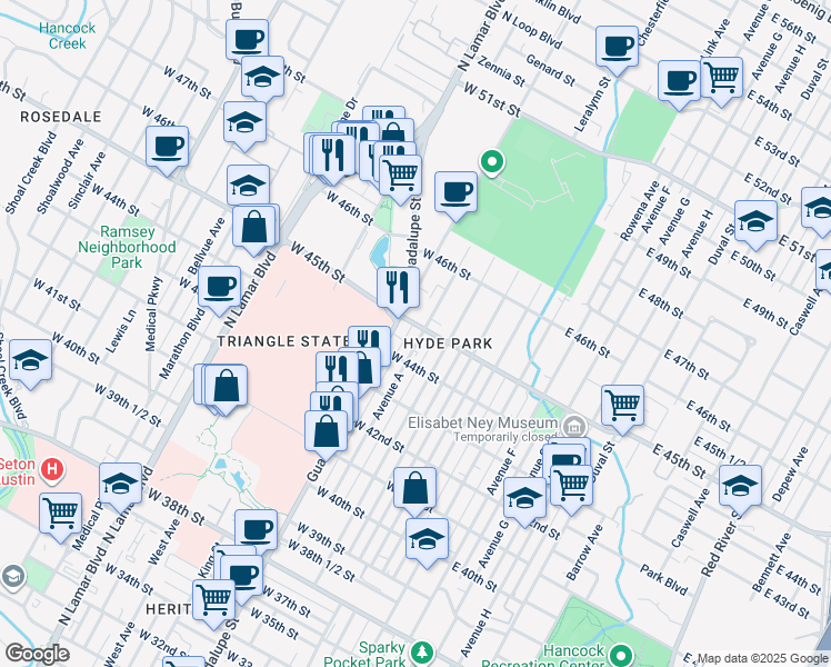 map of restaurants, bars, coffee shops, grocery stores, and more near in Austin