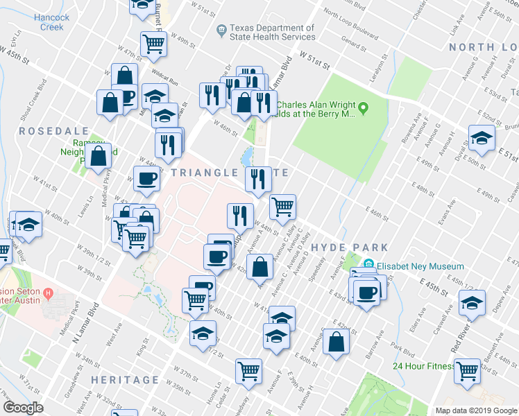 map of restaurants, bars, coffee shops, grocery stores, and more near in Austin