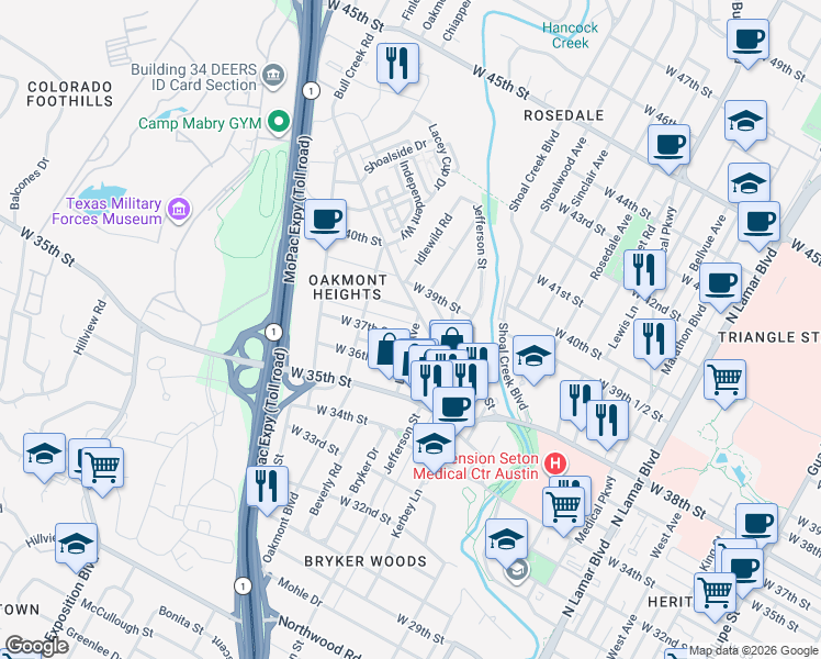 map of restaurants, bars, coffee shops, grocery stores, and more near 3710 Lawton Avenue in Austin