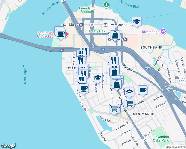 map of restaurants, bars, coffee shops, grocery stores, and more near 1120 Cedar Street in Jacksonville