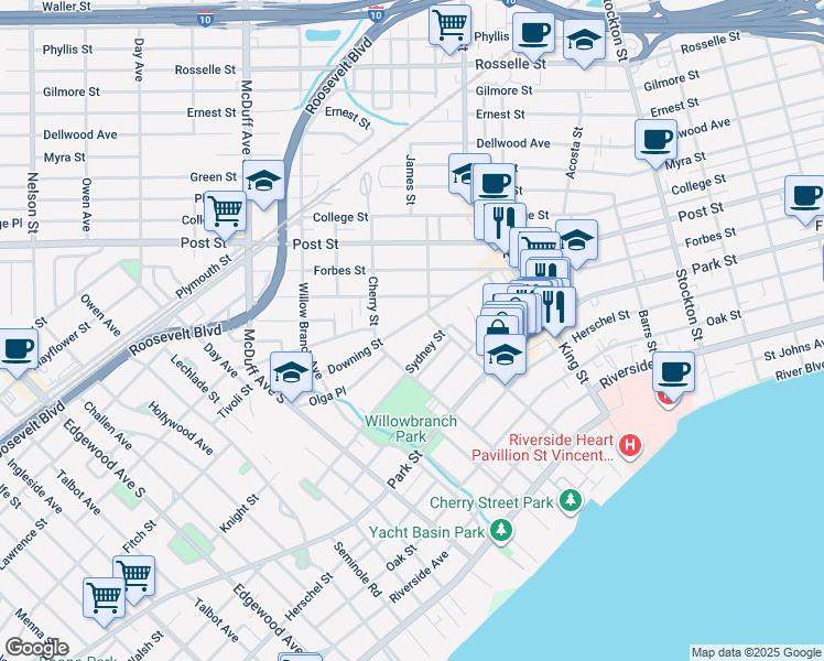 map of restaurants, bars, coffee shops, grocery stores, and more near 2810 Downing Street in Jacksonville