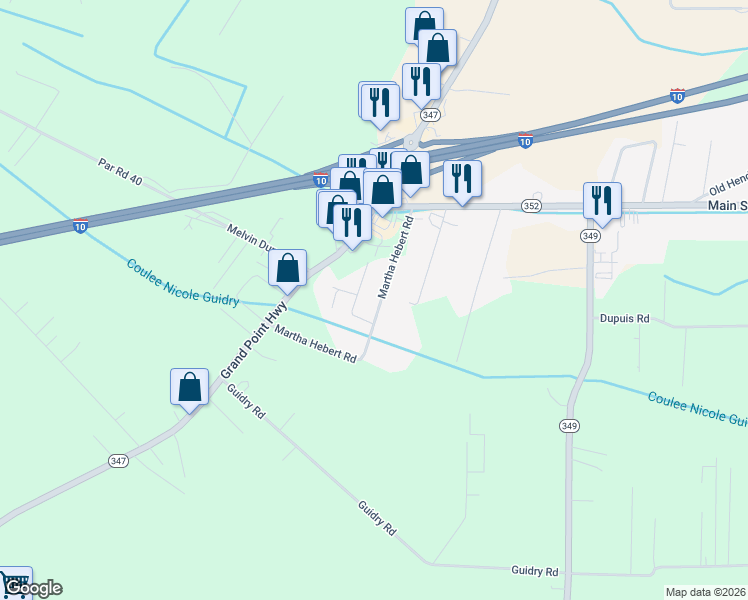 map of restaurants, bars, coffee shops, grocery stores, and more near 1050 Martha Hebert Road in Breaux Bridge