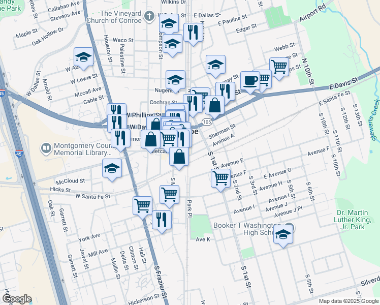 map of restaurants, bars, coffee shops, grocery stores, and more near 98 Avenue A in Conroe