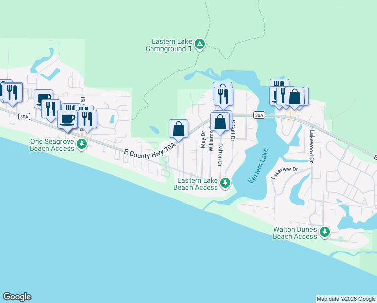 map of restaurants, bars, coffee shops, grocery stores, and more near 95 Brown Street in Santa Rosa Beach