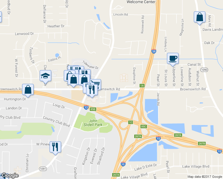 map of restaurants, bars, coffee shops, grocery stores, and more near 893 Brownswitch Road in Slidell