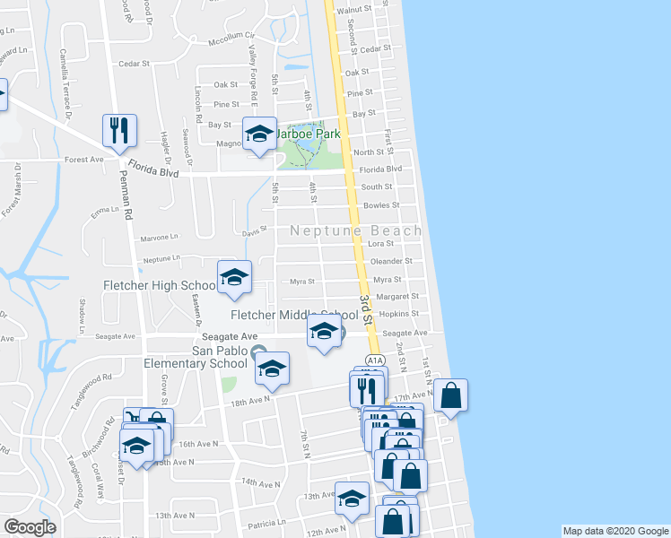 map of restaurants, bars, coffee shops, grocery stores, and more near 329 Oleander Street in Neptune Beach