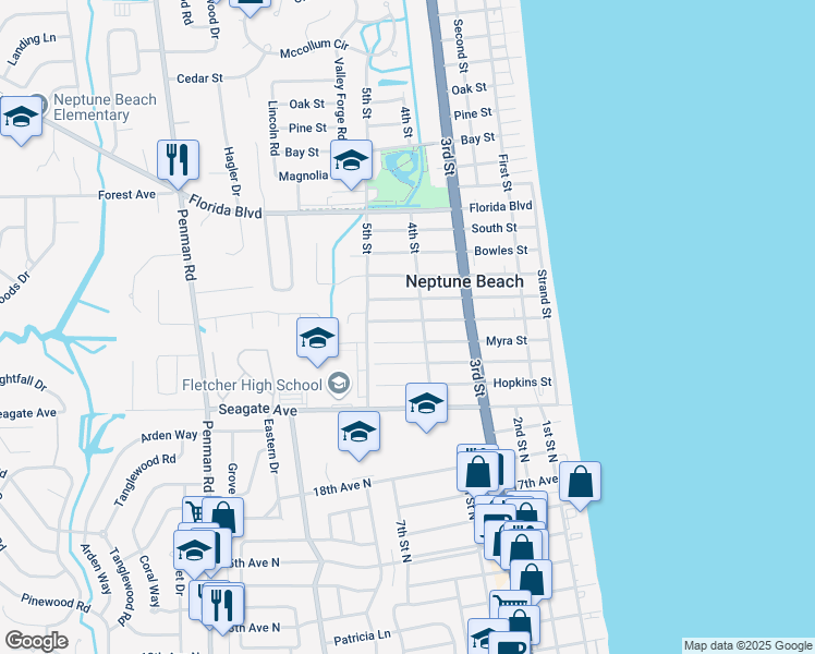 map of restaurants, bars, coffee shops, grocery stores, and more near 517 Oleander Street in Neptune Beach