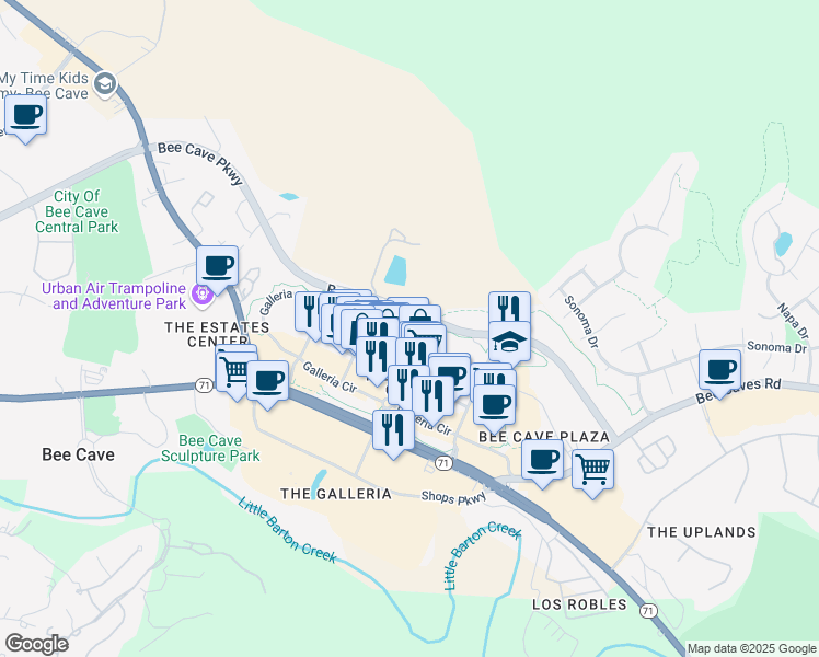 map of restaurants, bars, coffee shops, grocery stores, and more near 12813 Galleria Parkway in Austin