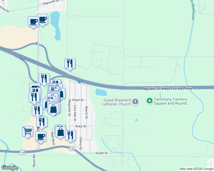 map of restaurants, bars, coffee shops, grocery stores, and more near Interstate 12 in Slidell
