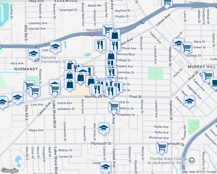 map of restaurants, bars, coffee shops, grocery stores, and more near 5044 French Street in Jacksonville