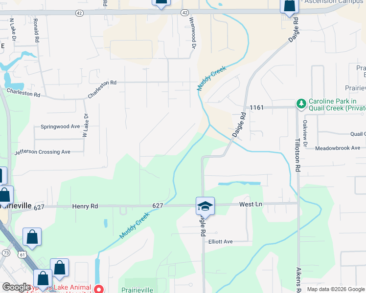 map of restaurants, bars, coffee shops, grocery stores, and more near 16458 Ronnie Road in Prairieville