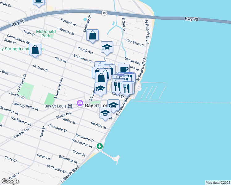 map of restaurants, bars, coffee shops, grocery stores, and more near 125 Court Street in Bay St. Louis