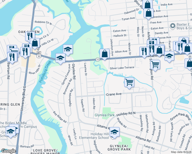 map of restaurants, bars, coffee shops, grocery stores, and more near 6745 Laurina Place in Jacksonville