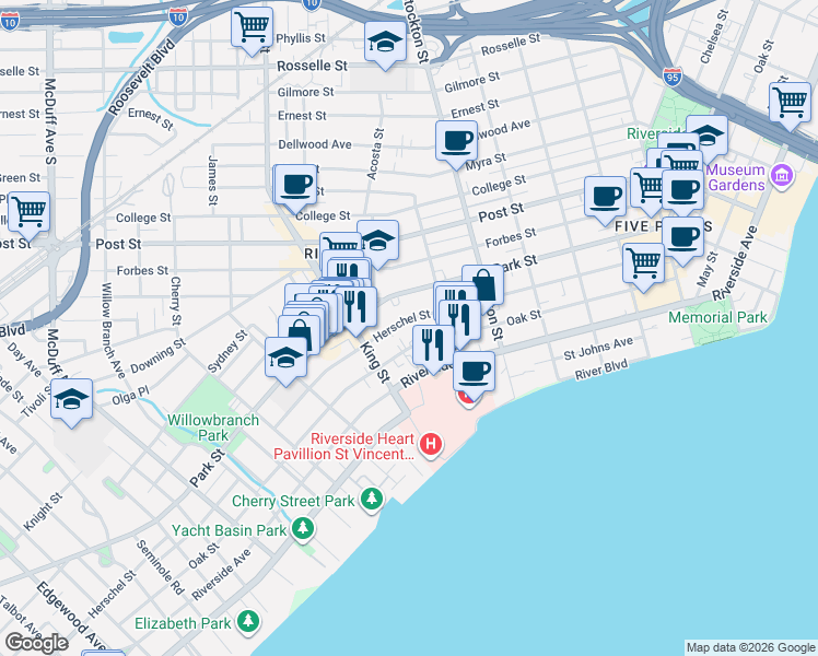 map of restaurants, bars, coffee shops, grocery stores, and more near 2602 Herschel Street in Jacksonville