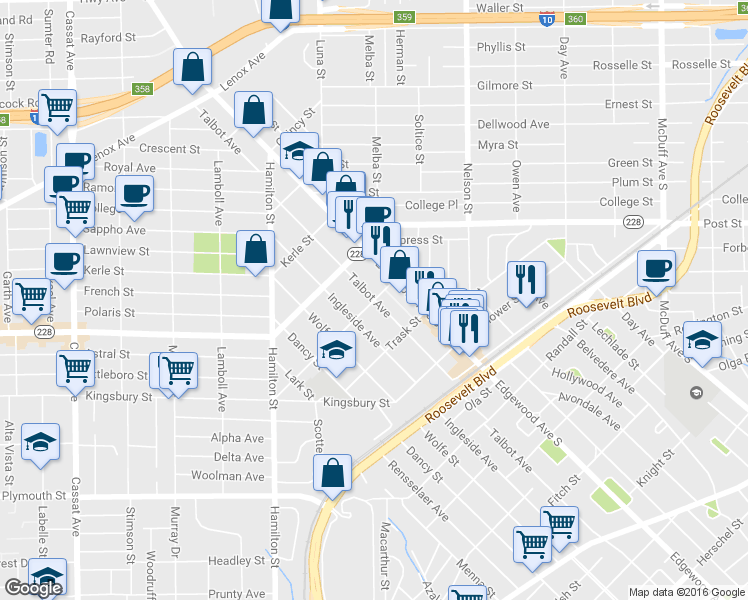 map of restaurants, bars, coffee shops, grocery stores, and more near Talbot Ave & Antisdale St in Jacksonville