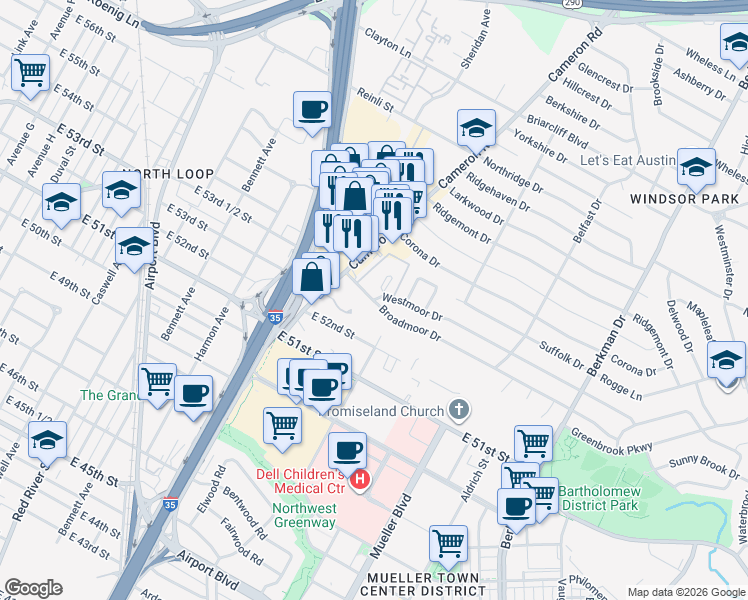 map of restaurants, bars, coffee shops, grocery stores, and more near 1201 Westmoor Drive in Austin