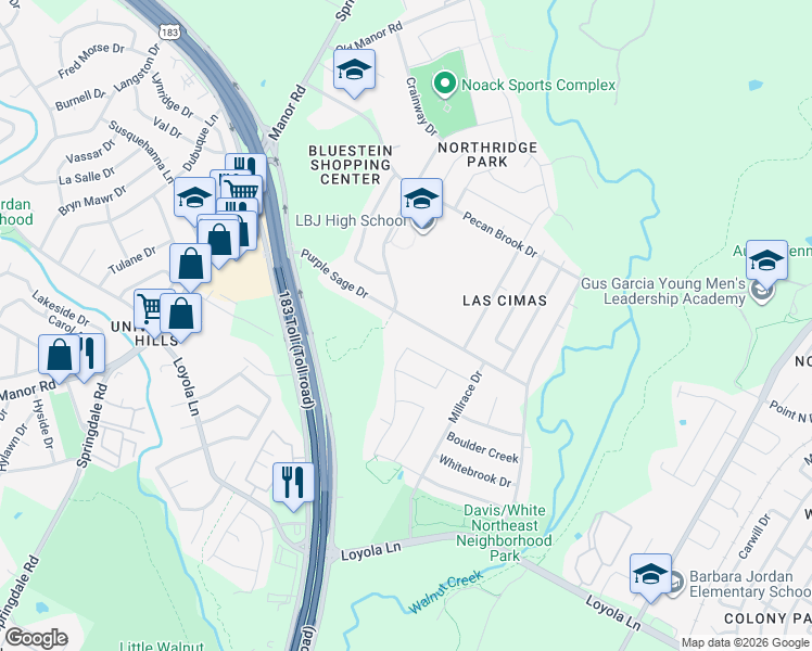 map of restaurants, bars, coffee shops, grocery stores, and more near 5309 Purple Sage Drive in Austin