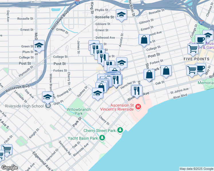 map of restaurants, bars, coffee shops, grocery stores, and more near 2731 Park Street in Jacksonville