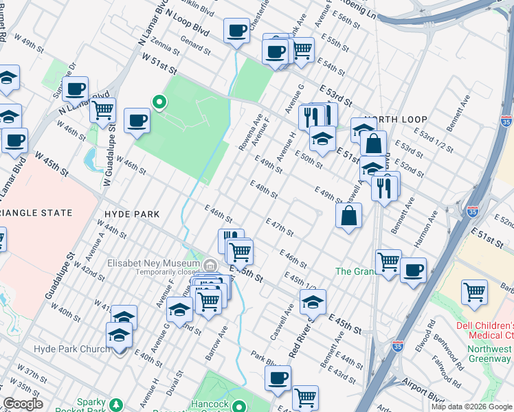 map of restaurants, bars, coffee shops, grocery stores, and more near 4705 Avenue H in Austin