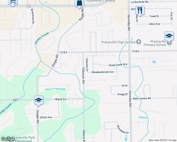 map of restaurants, bars, coffee shops, grocery stores, and more near 16422 Oakview Drive in Prairieville