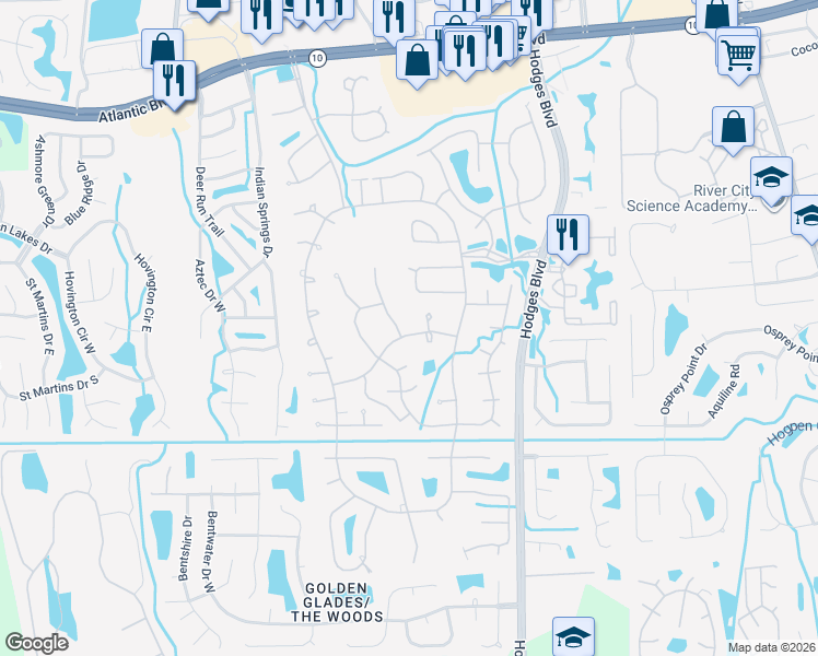 map of restaurants, bars, coffee shops, grocery stores, and more near 2275 Spanish Moss Drive in Jacksonville