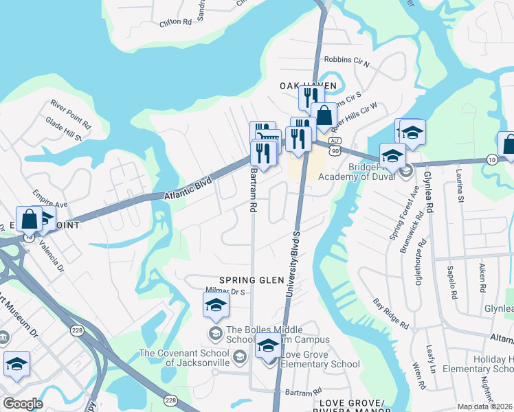 map of restaurants, bars, coffee shops, grocery stores, and more near 1746 Bartram Road in Jacksonville