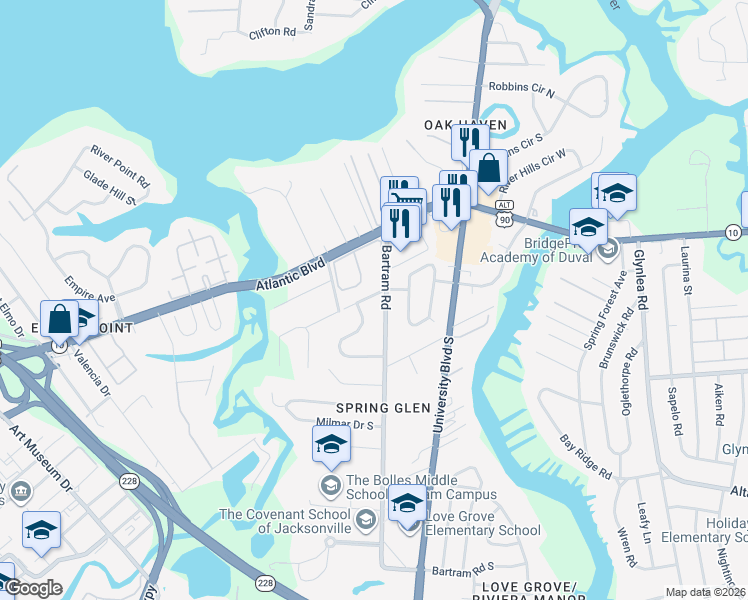 map of restaurants, bars, coffee shops, grocery stores, and more near 1746 Bartram Road in Jacksonville