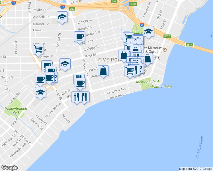 map of restaurants, bars, coffee shops, grocery stores, and more near 2247 Riverside Avenue in Jacksonville