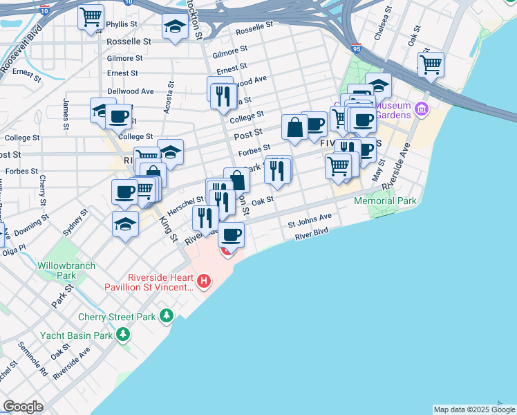 map of restaurants, bars, coffee shops, grocery stores, and more near 2338 Oak Street in Jacksonville