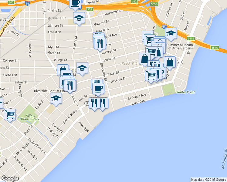 map of restaurants, bars, coffee shops, grocery stores, and more near 2338 Oak Street in Jacksonville