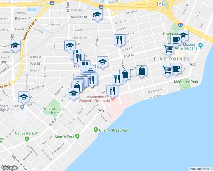 map of restaurants, bars, coffee shops, grocery stores, and more near 2602 Herschel Street in Jacksonville