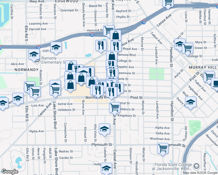 map of restaurants, bars, coffee shops, grocery stores, and more near 5044 French Street in Jacksonville