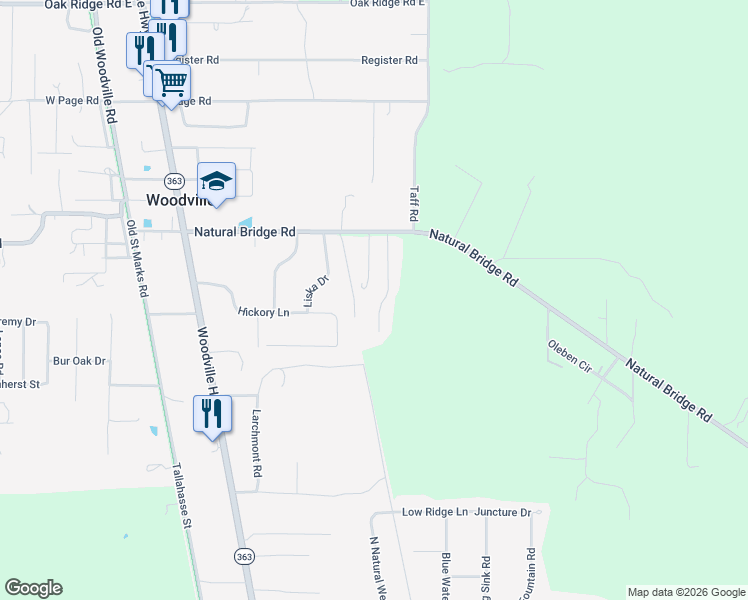 map of restaurants, bars, coffee shops, grocery stores, and more near 10727 Sycamore Ridge Lane in Tallahassee