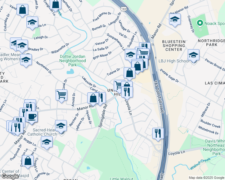 map of restaurants, bars, coffee shops, grocery stores, and more near 3501 Loyola Lane in Austin