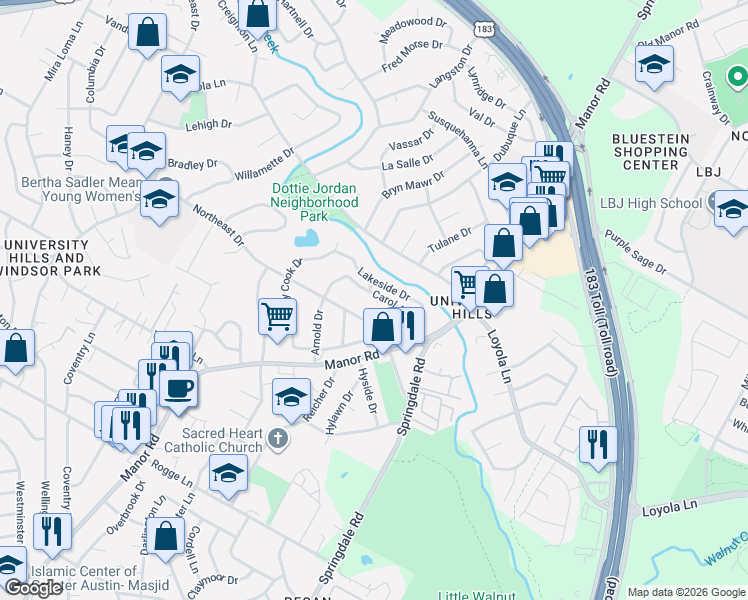 map of restaurants, bars, coffee shops, grocery stores, and more near 3207 Lakeside Drive in Austin