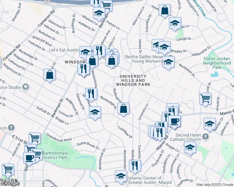 map of restaurants, bars, coffee shops, grocery stores, and more near 5801 Wellington Drive in Austin