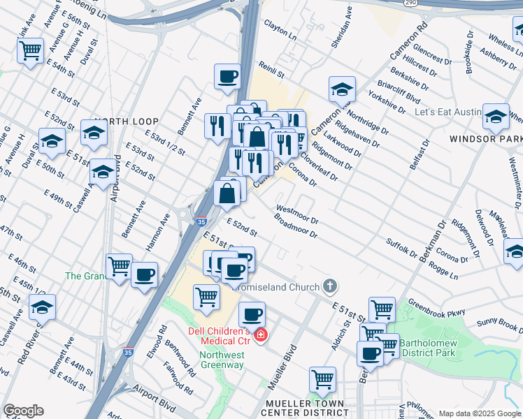 map of restaurants, bars, coffee shops, grocery stores, and more near 5211 Cameron Road in Austin