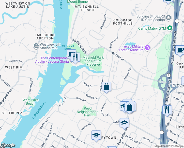 map of restaurants, bars, coffee shops, grocery stores, and more near 3702 Meadowbank Drive in Austin
