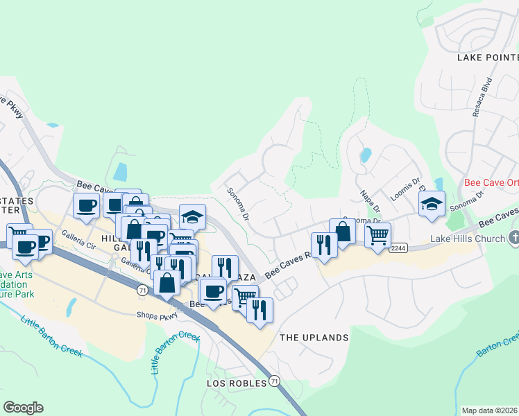 map of restaurants, bars, coffee shops, grocery stores, and more near 3500 Normandy Ridge Lane in Austin