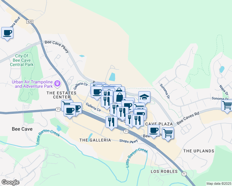 map of restaurants, bars, coffee shops, grocery stores, and more near 12813 Galleria Parkway in Austin